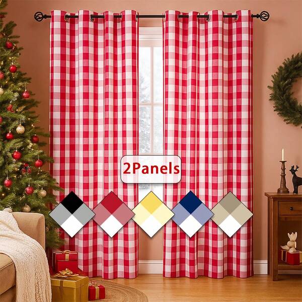 2 Panels Plaid Semi-Blackout Curtains, Farmhouse Style Home Decor Suitable For Living Room, Bedroom, Balcony, Bay Window, Study, Studio, Grommet Divider Decorative Curtains, Available In Black, Red & White, Blue, Yellow, And Beige Plaid