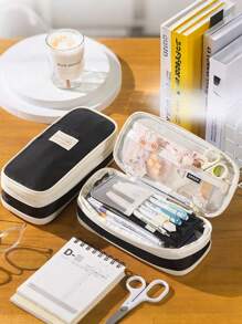 定制双层双开笔袋，多功能笔袋，简约纯色大容量，学校办公用拉链文具收纳袋和化妆袋，可爱铅笔袋，小学生文具袋返校