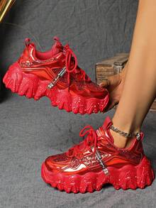 [Please Refer To The Size Chart In The Details] Women's Platform Sneakers, New Glitter Splatter Chunky Shoes, Wave Sole Casual Shoes, Silver Laser Thick Bottom Shoes, Red Sports Shoes, Reflective Letter Pattern Elevated Fashion Sneakers For Women - Red - View 6