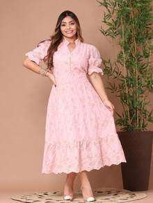 Women's Midi Dress With Embroidered Laise, All-Over Print, Embroidery, Button, Ruffle, Gathered, Formal And Evening - Bicolor Bb Pink. - View 3