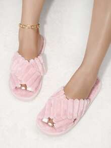 Damen Mode Herbst/Winter Kreuz-Kreuz Flauschige Kunstfell Weiche Sohle Hausschuhe, bequeme leise Schlafzimmer Hausschuhe in Pink