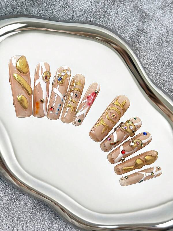 45MM Extra Long Square Handmade Press-On Nails, Multi-Color Nail Tips With Gradient Design, Rhinestone Carving And Hand-Painted Creative Patterns, 3D Combination Design Artificial Nails, Full Cover Glossy DIY False Nails 10pcs/Bag