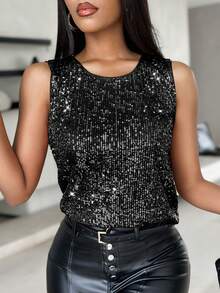 ChicMe Women's Shiny Sequin Sleeveless Crew Neck Casual Fashionable Blouse - Black - View 3