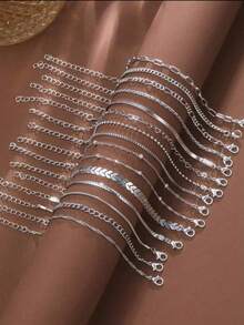 15pcs Minimalist Elegant Heart, Bead, Plane, Snake Bone, Chain Bracelet Set, Versatile Daily Wear - Silver - View 1