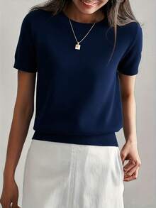 女式轻薄纯色短袖针织T恤，简约夏季上衣 - 藏蓝色 - 查看 3