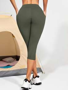 Wide Waistband Phone Pocket Side Sports Leggings - Army Green - View 4