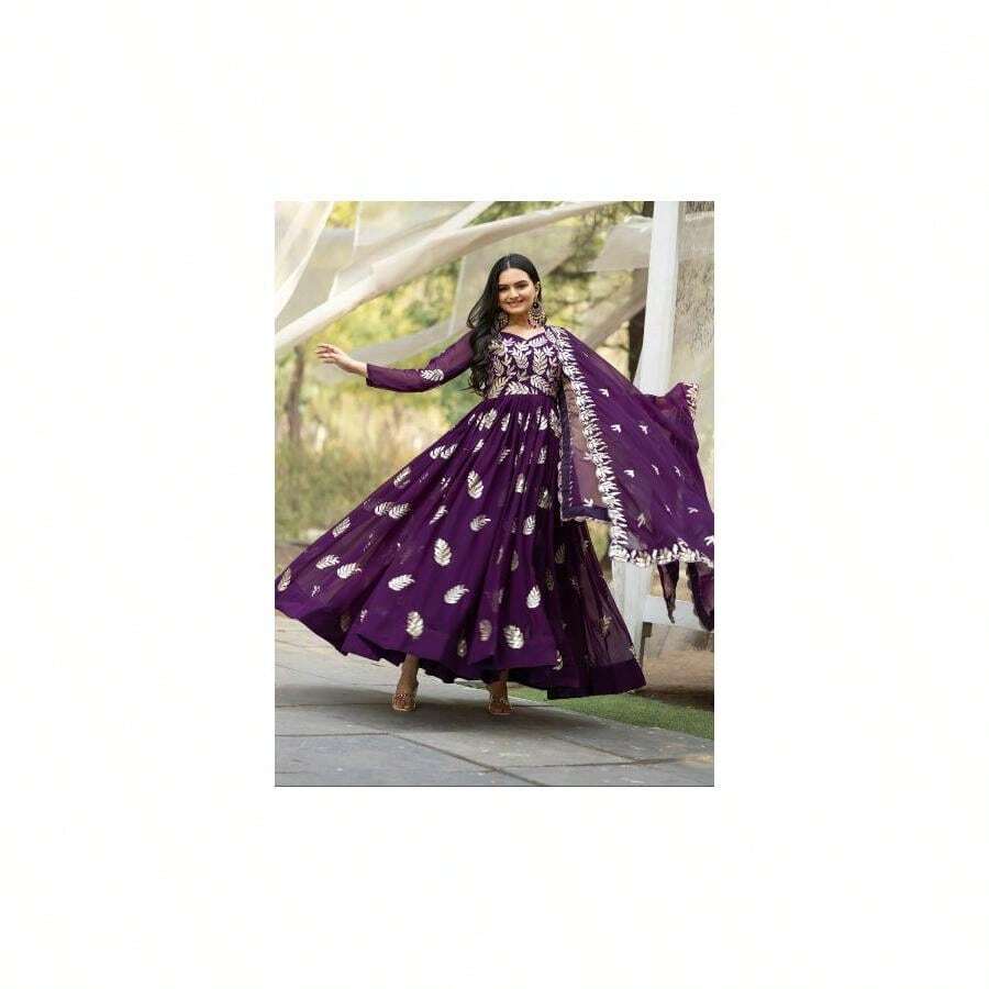Purple Sequence Thread Work Anarkali Gown Dupatta Set Of 2 UK Next DAY - Multicolor - View 1