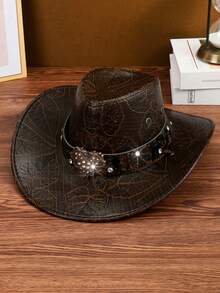 1 Set Includes: 1pc Metal Heart Diamond Cowboy Hat, 1pc Cashew Pattern Scarf, Unisex Elegant & Fashionable, Suitable For Travel, Party, Western Cowboy Theme Party And Daily Use