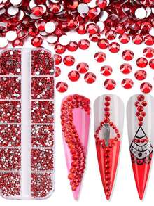 1盒12格3D美甲水钻套装，美甲宝石，水晶透明平底水钻，带收纳盒，6种尺寸（1.5-3.9毫米），适用于美甲工艺和美甲用品 - 彩色 - 查看 13