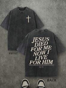 Retro Washed T-Shirt Double Sided Printed (230 Pure Cotton T-Shirt) 'JESUS DIED FOR ME NOW I LIVE FOR HIM'  Letter Print, Christian Gift, Men's T-Shirt, Men's Casual, Comfortable, Fashionable T-Shirt, Street Style Cotton - màu đen - Xem 1