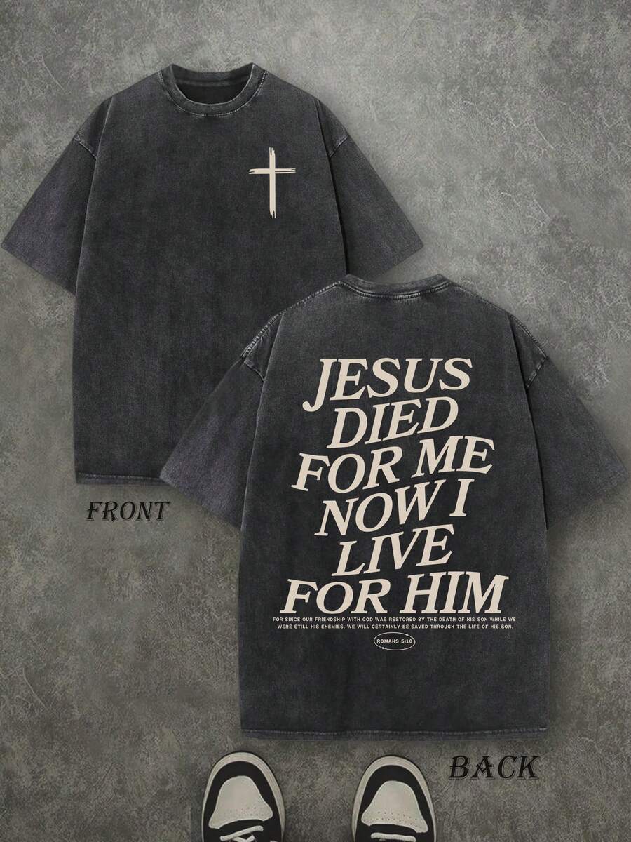 Retro Washed T-Shirt Double Sided Printed (230 Pure Cotton T-Shirt) 'JESUS DIED FOR ME NOW I LIVE FOR HIM'  Letter Print, Christian Gift, Men's T-Shirt, Men's Casual, Comfortable, Fashionable T-Shirt, Street Style Cotton - màu đen - Xem 1