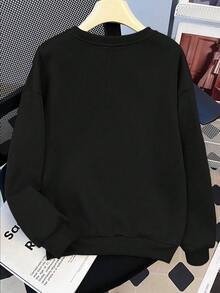 青少年女孩蝴蝶結與綠葉圖案圓領衛衣，秋冬套頭衫，適合校園返校穿著 - 黑色 - 查看 2