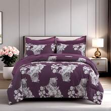 7pcs Fashionable Flower Printed Bed Comforter Set, 100% Polyester Soft Comfortable And Durable Summer Bedding Set, Include 1 Comforter+1 Flat Sheet+1 Fitted Sheet+2 Pillowcases+2 Pillowsham,All-Season, Bed In A Bag, Perfect Room Decor, Holiday Gift - Purple - View 4