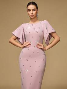 Women's Round Neck Puff Sleeve, Drawstring Back Neck, Handmade Rhinestone Embellished Elegant Dress - Pink - View 3