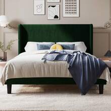 Allewie Full/Queen/King Size Bed Frame With Upholstered Wingback Headboard, Vertical Channel Tufted Corduroy Velvet Platform Bed, Strong Wooden Slats Support, No Box Spring Needed, Easy Assembly, Green - 綠色 - 查看 2