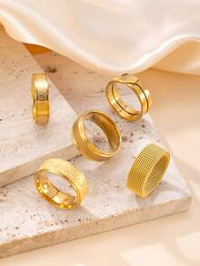 5pcs Fashion Stainless Steel Rings Set, Simple Golden Rotatable Rings, Hip Hop Hollow Out Rings Set - 5pcs - View 13