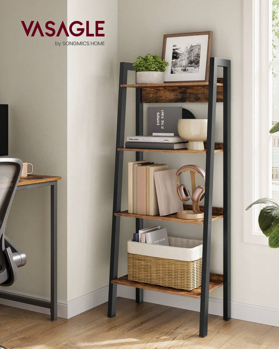 VASAGLE Ladder Shelf, Bookcase With 4 Levels, Standing Storage Unit, Office, Living Room, Bedroom, Kitchen, Industrial Style, Rustic Brown And Black - Chocolate Brown - View 1