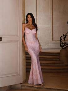 粉色亮片吊带 V 领高腰露背高开衩鸡尾酒会晚礼服，适合毕业典礼、晚宴