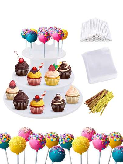 301pcs Shower Lollipop Cake Full Set Display Stand, Includes 300+ Cake Pops & Packaging, 3-Tier Round Lollipop Cupcake Dessert Display Stand, Suitable For Birthday Party Candy Decor, Baby Shower Party Decor, Cakes, Lollipops, Hard Candies, Gum, Chocolates, Etc.