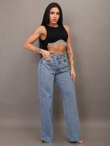 Peg Vest Premium Wide Leg Jeans With Rhinestone Shine And High Waist - Rửa trung bình - Xem 6