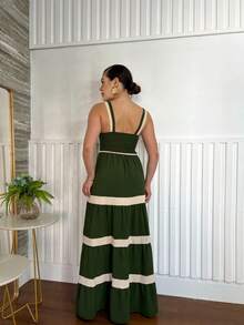 Women's Long Striped Dress, Plain, Bicolor, With Casual Duna Fabric Lining - xanh quân đội - Xem 2