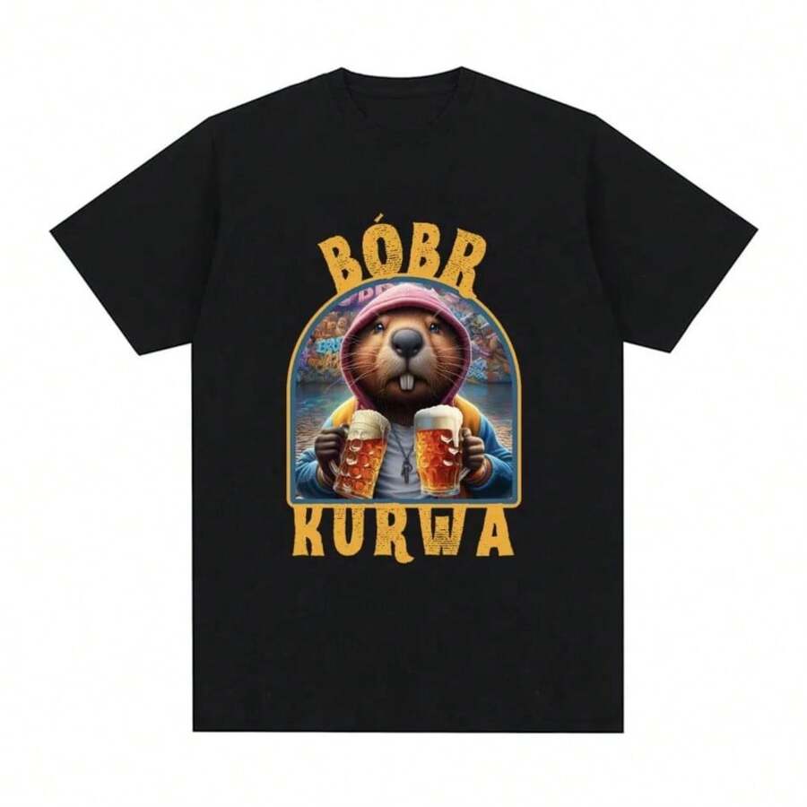 Bober Kurwa Bobr T-Shirt Funny Beaver Drinking Beer Meme Women's Fashion Hip Hop Loose T-Shirt Street Clothing - 黑色 - 查看 1