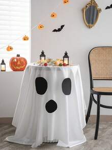 1pc Halloween Party Tablecloth, Solid Color Spooky Ghost Creative Coffee Table Cloth, Cute Ghost Face Dining Table Decor Suitable For Holiday Gatherings, Party Atmosphere Decoration, Essential For Halloween - White - View 6
