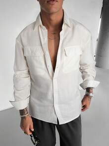 Men's Vintage Coin Pattern Linen Solid Color Long Sleeve Shirt, Versatile Casual Wear, Essential For Autumn - White - View 1