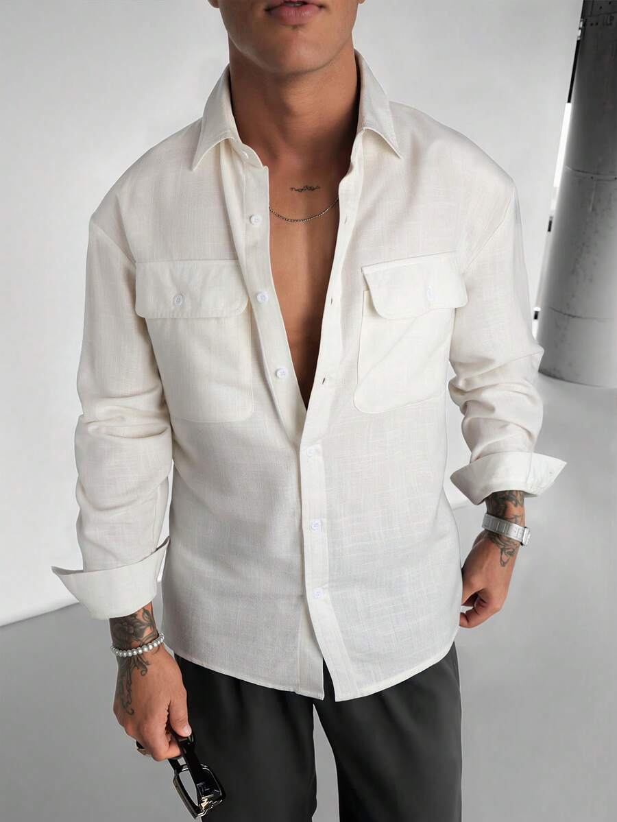 Men's Vintage Coin Pattern Linen Solid Color Long Sleeve Shirt, Versatile Casual Wear, Essential For Autumn - White - View 1