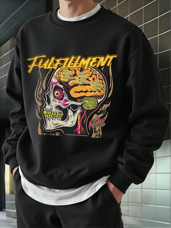 Men's Crew Neck Sweatshirt, Autumn/Winter, Casual Street Style With Lip Print And Colorful Text
