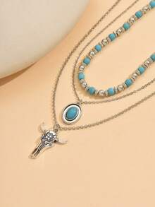 3pcs/Set Western Country Retro Style Necklace Set, Vintage Turquoise Bull Head Pendant Necklaces, Suitable For Daily Wear, Party, Holiday And Travel - Multicolor - View 3