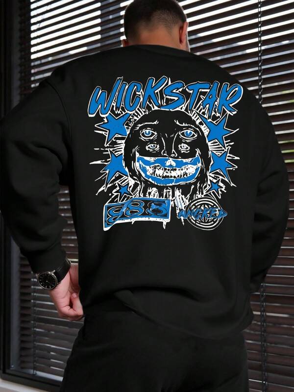 Men's Crew Neck Sweatshirt, Black With Skull Print And English Slogan, Casual Street Style For Leisure, Home, And Outings, Autumn/Winter