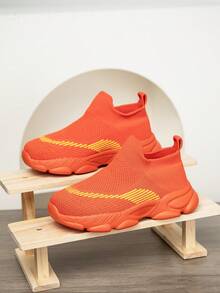 1 双儿童针织运动鞋，一脚蹬透气防滑跑步鞋，时尚拼布网眼休闲鞋，适合学生