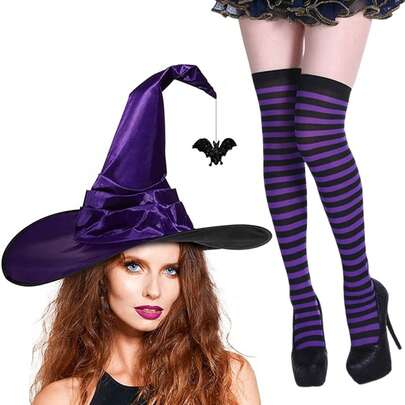 1 Set Purple Ruffle Witch Hat & Striped Thigh High Leg Warmers, Adult Halloween Christmas Witch Costume Outfit, Suitable For Halloween Decor, Role Pla
