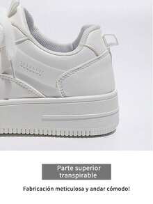 Women's Solid White Travel Shoes, PU Sneakers, Women's Sneakers With Thick Sole And Front Laces, Breathable And Fashionable For Women, Lightweight - 白色 - 查看 6