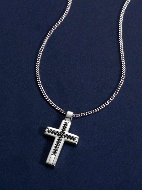 XUJIA 1PC 925 Sterling Silver Black Moissanite Cross Pendant Necklace For Men Religious Pendant Necklace Cuban Chain 55+5cm Gothic Punk Pendant Necklace Jewelry Gifts