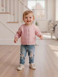 Kids Fall Knit Cardigan Long Sleeve Solid Color Button Down Warm Winter Sweater For Girls Boys - 粉色 - 查看 5