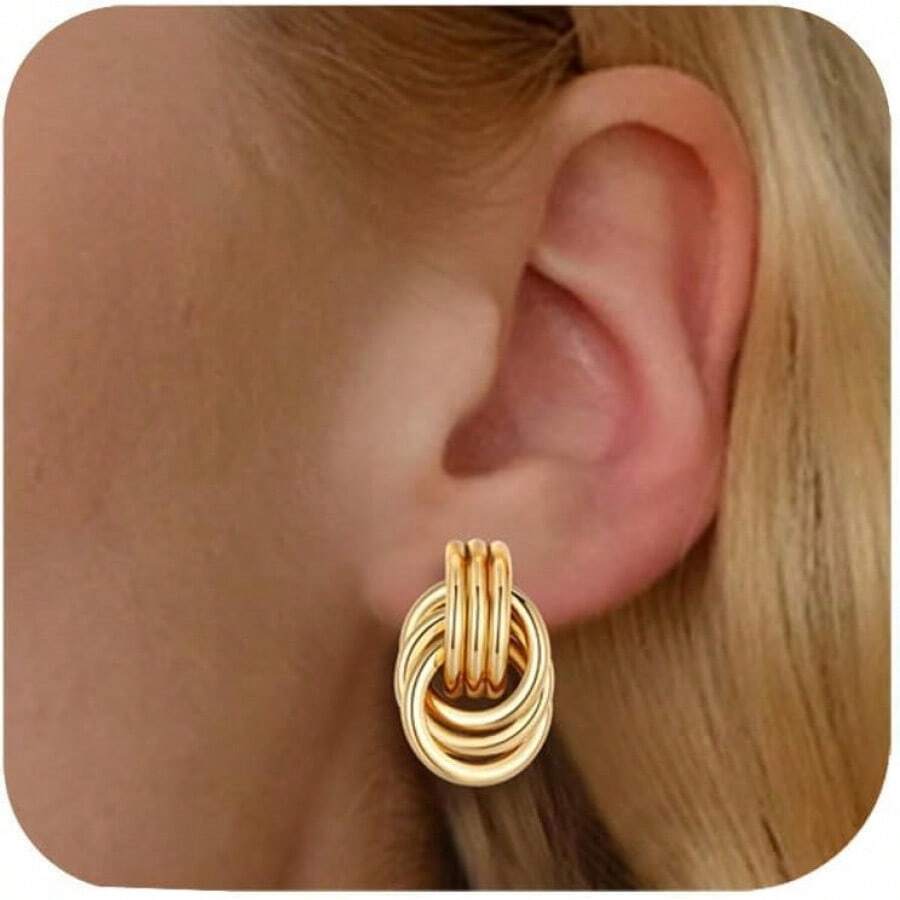 Gold Clip On Earrings Women Knot Link Chunky Non Pierced Earring 14K Gold Plated Hoops Drop Dangle Earrings Lightweight Jewelry - A-Gold - 查看 1