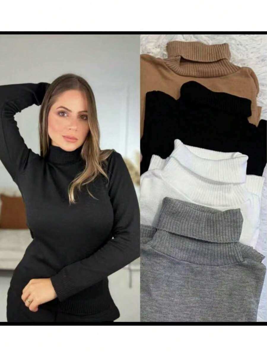 Kit 5 Plain Basic Knit Blouse With Cacharrel Collar Winter Fashion - Blanco y Negro - Ver 1