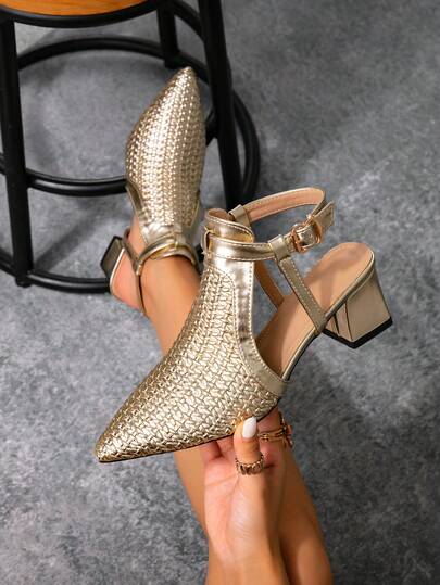 Women's High-End Pointed Toe Chunky Heel Comfortable Slingback Fashion Plaid Mules. French Minimalist Chic Versatile Backless Slingback Work Shoes,Elegant,Women Pumps,Elegant,Party Outfits