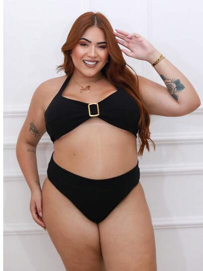 Biquíni Plus Size  com Detalhe Dourado  Simples    elegante  Casual    Praia