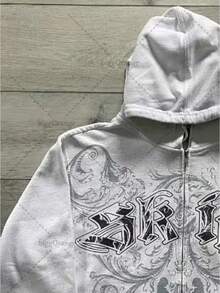 Zipper Sweater Ruffian Handsome Internet Celebrity Hooded Cardigan Letter Print New Pants Top Jacket - White - View 2