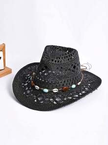 1 件草编巴拿马草帽，贝壳装饰，时尚个性化复古风，适合海滩、露营、旅行、骑行、摄影、约会、主题公园、游艇派对、音乐会