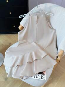 Sleeveless Halter Neck Tank Top & Ruffle Hem Cake Skirt 2 Pieces Set For Women, Summer - Apricot Two Piece Set - View 7