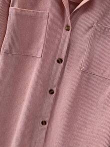 女士灯芯绒衬衫式外套，带口袋和纽扣领 - 纯色长袖秋冬假日旅行休闲装，女士秋季服装，法兰绒衬衫 - 粉色 - 查看 6