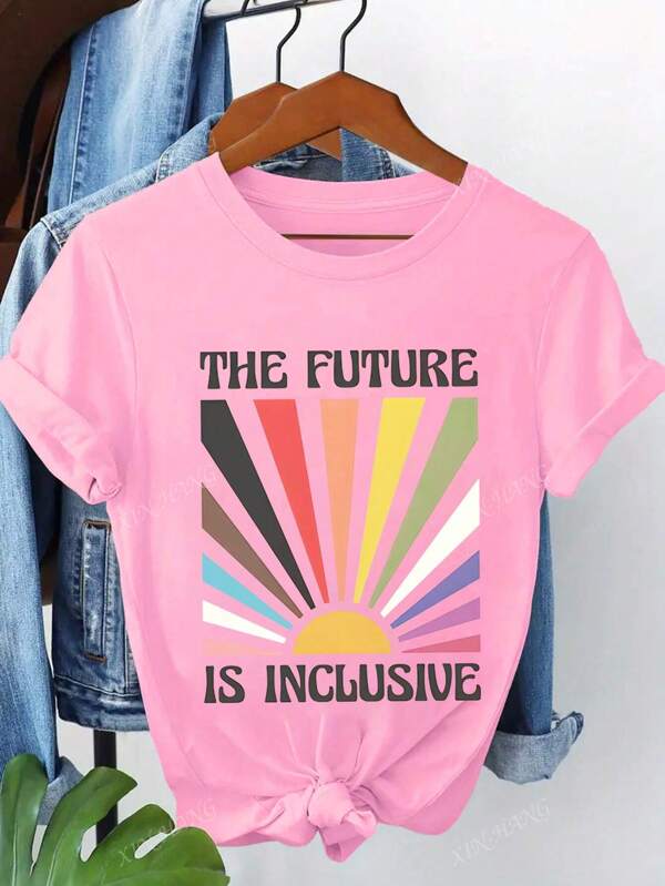 De toekomst is inclusief, regenboog trots print ontwerp casual dames T-shirt, zomer