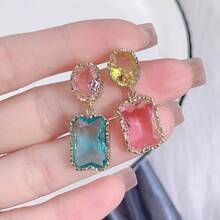 Aretes de colores caramelo, hermosos aretes de cristal barroco multicolor, aretes de diseño asimétrico arcoíris, joyería de moda y encantadora para mujeres, un regalo de Navidad precioso y delicado - arcoíris - Ver 6