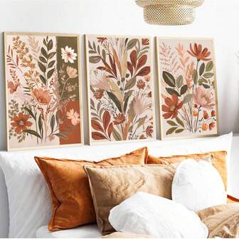 3 Pieces Brown Flower Painting Posters Maillard Floral Hanging Picture Botanical Decorative Paintings Wall Artwork Aesthetics Wall Arts Living Room Wall Decor No Frame