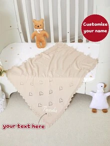 100% Cotton All-Season Baby Knitted Blanket, Customizable Baby Name Hand Embroidered Swaddle, Heart Hollow Lace Trim Newborn Stroller Blanket, Newborn Baby Keepsake Gift - Camel - View 4