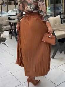 ZIAI Vestido de oficina plisado de cintura alta para mujer, vestido elegante de longitud media (sin cinturón)